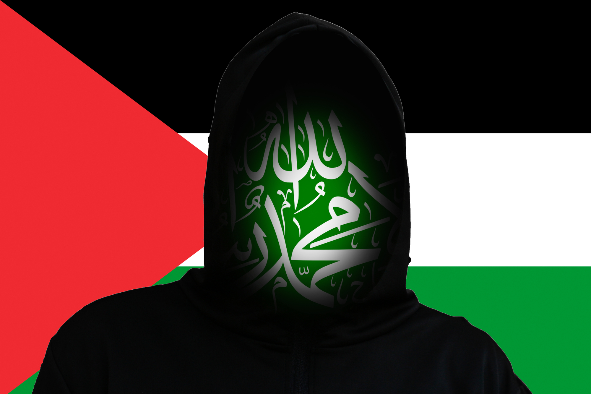 Incognito terrorist on the Flag Palestine background. Hamas between Israel and Palestine. Israel Palestine war. World crisis in Middle East. Rebellion. Rebel militant terrorist guerrilla concept